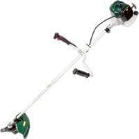 Green and silver Webb WEBC43 petrol brush cutter with a straight shaft and dual handles.
