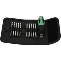 Wera Kraftform Kompakt 41 set with green and black handle screwdriver, 10 silver bits in black folding case.