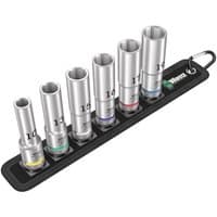 Wera 6-piece long socket set with silver sockets on black belt holder, each socket labeled with size and colored band.