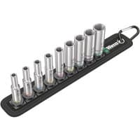 Wera 9-piece long socket set on black belt holder, silver sockets with color-coded bands, attached ring for hanging.