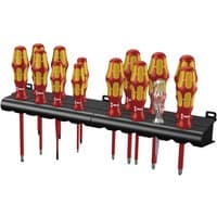 Wera 100 VDE Insulated Kraftform Plus screwdriver set with red and yellow handles in a black rack.