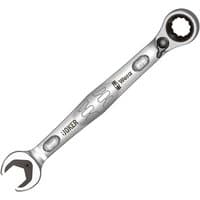 Silver Wera 15mm Joker Switch ratcheting spanner with open-end and ring ratchet, ergonomic grip, and logo detailing.