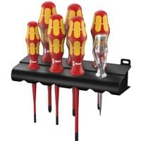 Wera 7-piece screwdriver set with red and yellow handles, slim insulated shafts, and black wall-mountable holder.