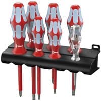 Red and white Wera screwdriver set with ergonomic handles, six pieces on a black rack.