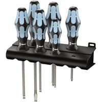 Wera 6-piece screwdriver set with black and blue ergonomic handles in a black wall-mountable holder.