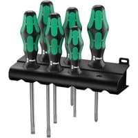 Wera 6-piece screwdriver set with green and black ergonomic handles in a black wall-mountable holder.