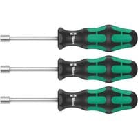 Wera 395 HO/3 Sanitary Hollow Shaft Nutspinner Set with black and green ergonomic handles and silver shafts.