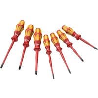 Wera 7 Piece Slimline Screwdrivers with red and yellow ergonomic handles and insulated shafts.