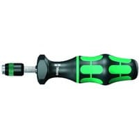 Black and green Wera inline torque screwdriver with adjustable settings and ergonomic handle design.