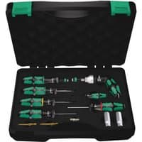 "Wera 12-piece assembly set with green-handled tools in black case, designed for tyre pressure control systems"