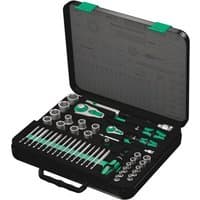 Wera 43-piece ratchet set in black case with green accents, includes sockets, bits, and Zyklop Speed ratchets.