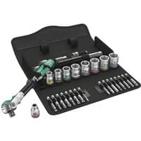 Wera 28pc ratchet and socket set with green-handled ratchet, various sockets, and bits in a black folding case.