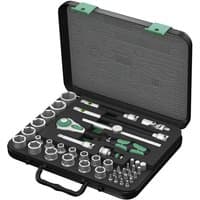 Wera 43-piece socket set with green-handled ratchet, sockets, and bits in a black carrying case with green clasps.