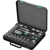 Wera 8100Sc2 socket set, 1/2" drive, 37 pieces in a black case with green accents, includes ratchet and various sockets.