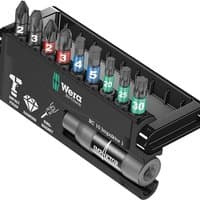 Wera 10-piece bit set with color-coded bits in black plastic case, featuring Phillips, Pozidriv, Hex, and Torx bits.