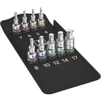 Wera Zyklop In-Hex Socket Set with color-coded hex sockets on black holder, sizes 8-17mm, high torque design.