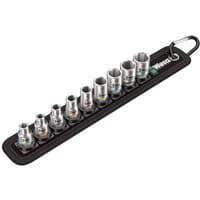 Wera 9-piece socket set on black rail, silver sockets with colored bands, attached to a metal ring.
