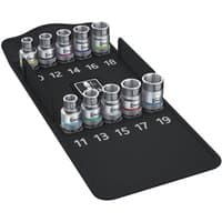 Wera Zyklop socket set with color-coded metric sockets on a black tray, sizes 10 to 19, 1/2" drive.