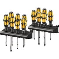 Wera 900 Kraftform Plus screwdriver set, 13 pieces, black and yellow handles, mounted on black racks.