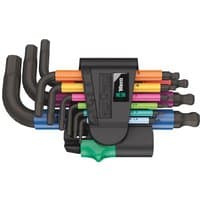 Multicolour Wera Hex-Plus L-Key Set with BlackLaser finish, nine metric keys in a compact black holder.