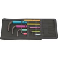 Multicolour Wera L-Hex key set with nine pieces in a black fabric holder, each key in a different vibrant color.