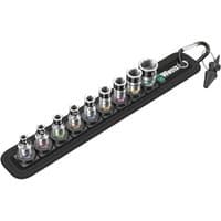 Wera Belt A 1 Zyklop 1/4" socket set with nine sockets on a black belt, featuring a keyring and color-coded bands.
