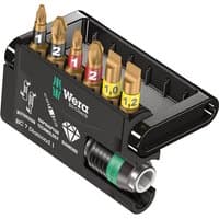 Black Wera Bit-Check set with 10 gold-colored bits, labeled with numbers, in a compact plastic holder.
