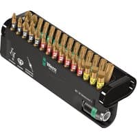 Wera Bit-Check 30-piece set with gold-tipped bits in black holder, featuring color-coded bands for easy identification.