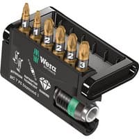 Wera Bit Check 7 PZ set with gold diamond-coated bits in black plastic holder, featuring anti cam-out design.
