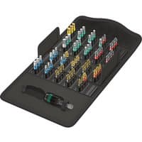 Wera Bit-Safe 61-piece set with colorful torsion bits in black holder, includes ergonomic handle.
