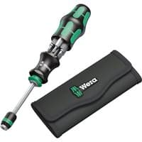 Wera KK20 screwdriver set with black-green handle, interchangeable bits, and black carrying pouch.