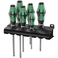 Wera Kraftform screwdriver set with green and black handles, includes six pieces and a black wall-mountable rack.