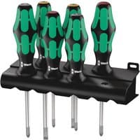Wera Kraftform 6-piece screwdriver set with green and black ergonomic handles in a black wall-mountable holder.