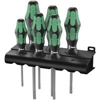Wera Kraftform 367/6 TORX screwdriver set with green and black handles on a black rack.