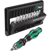 Wera Kraftform Kompakt 10-piece screwdriver set with black and green ergonomic handle and interchangeable bits in holder.