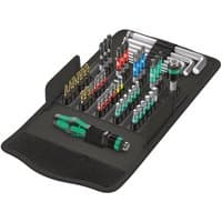 Wera Kraftform Kompakt 100 kit with green-handled screwdriver, assorted bits, and tools in black foldable case.
