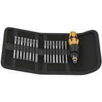 Wera Kraftform Kompakt 17-piece set with yellow and black handle, Rapidaptor, and multiple screwdriver bits in a black case.