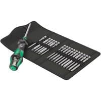 Wera Kraftform Kompakt 19-piece set with green and black turbo screwdriver, bits in a black foldable case.