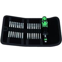 Wera Kraftform Kompakt 60 set with green and black torque screwdriver, 16 interchangeable bits in black folding case.