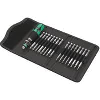 Wera Kraftform Kompakt 60 set with green and black handle, multiple screwdriver blades in a black folding case.