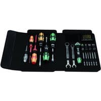 Wera Kraftform Kompakt Insulated Plumbkit, 20 pieces with multicolored handles, wrenches, and bits in a black case.