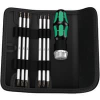 Wera Kraftform Kompakt Vario RA SB set with green-black ratcheting handle and multiple screwdriver bits in a black case.
