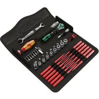 Wera Kraftform Kompakt W1 tool set with ratchets, screwdrivers, and sockets in a black foldable case.