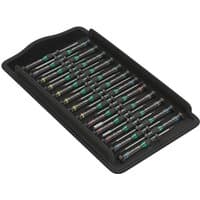 Wera Kraftform Micro 25-piece screwdriver set in black tray, featuring precision screwdrivers with colored rings.