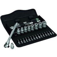 Black case with Wera Zyklop 8100 Sa10 Slim Ratchet Set, 1/4" drive, 28 pieces including sockets and bits.