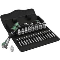 Wera Zyklop 8100 SA9 set with green-handled ratchet, chrome sockets, and bits in black folding case.