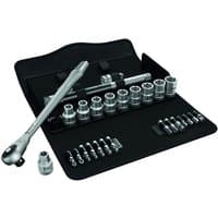 Wera Zyklop 28-piece ratchet and socket set with silver sockets, black case, and ergonomic ratchet handle.