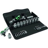 Wera Zyklop 8100 Sc9 ratchet and socket set, 1/2" drive, 28 pieces in black case with green accents.