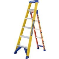Yellow and blue Werner LEANSAFE X3 fibreglass ladder with five steps and stabilizing feet.