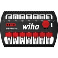 Wiha 7 Piece Bit Buddy Screwdriver Bit Set with black and red holder, labeled slots, and visible metal bits.